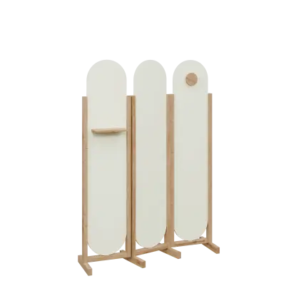 ATMOSFERE ROUND 419, dřevěný 3-dílný paraván, mobilní, výška 1900 mm, rám dub chalet 35252, výplň W980 bílá hladká, polička, věšák